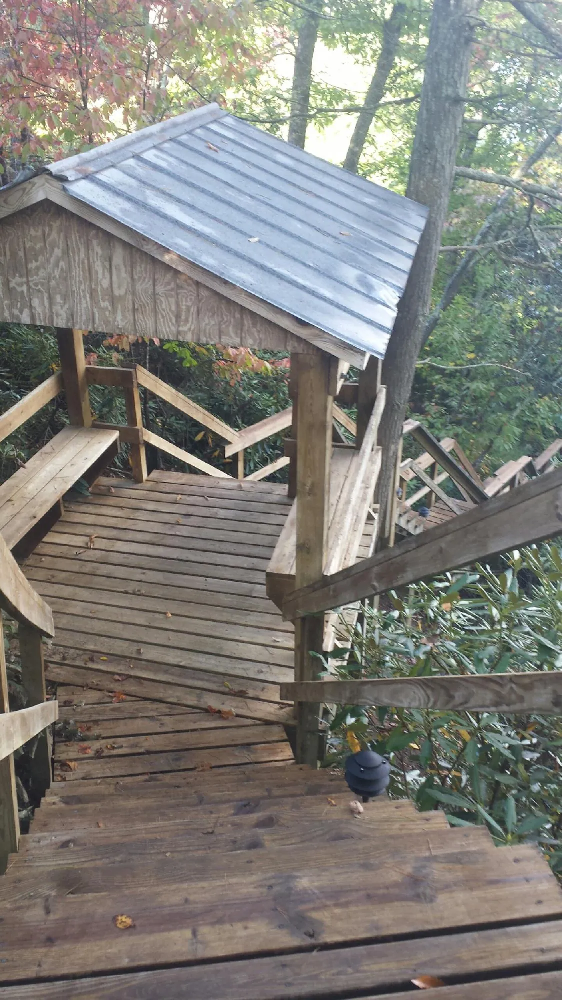 Metal roofed shelter over wooden steps on a wooded walkway — Skylight Repair & Installation work by our crew in Lapwai